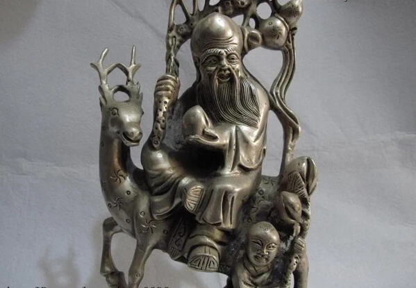 song voge gem S1434 China Fengshui copper silver God of Longevity Life Star On Deer &amp Peach Statue | Дом и сад