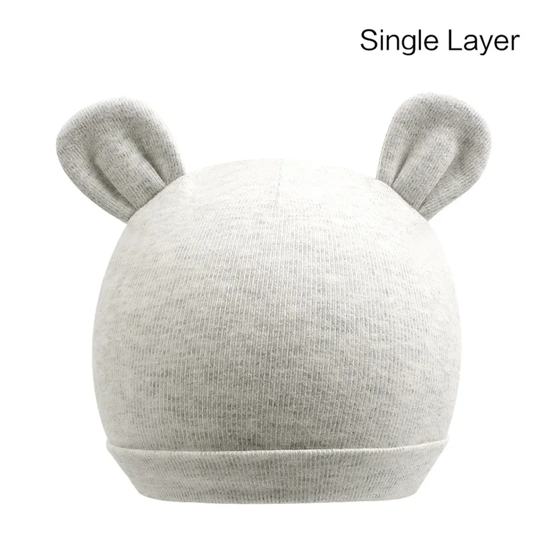 Single Gray Bear Ear Милая шапочка для новорожденных; хлопковая однотонная шапка для новорожденных мальчиков; шапка с медвежьими ушками и кроличьими ушками для маленьких девочек; шапочка для новорожденных; сезон весна-лето - Цвет: Single Gray Bear Ear