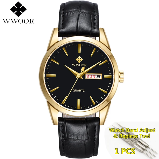 gold-black Брендовые Роскошные мужские часы, дата, день, натуральная кожа, ремешок, спортивные часы, мужские повседневные кварцевые часы, мужские наручные часы, известные часы WWOOR - Цвет: gold-black