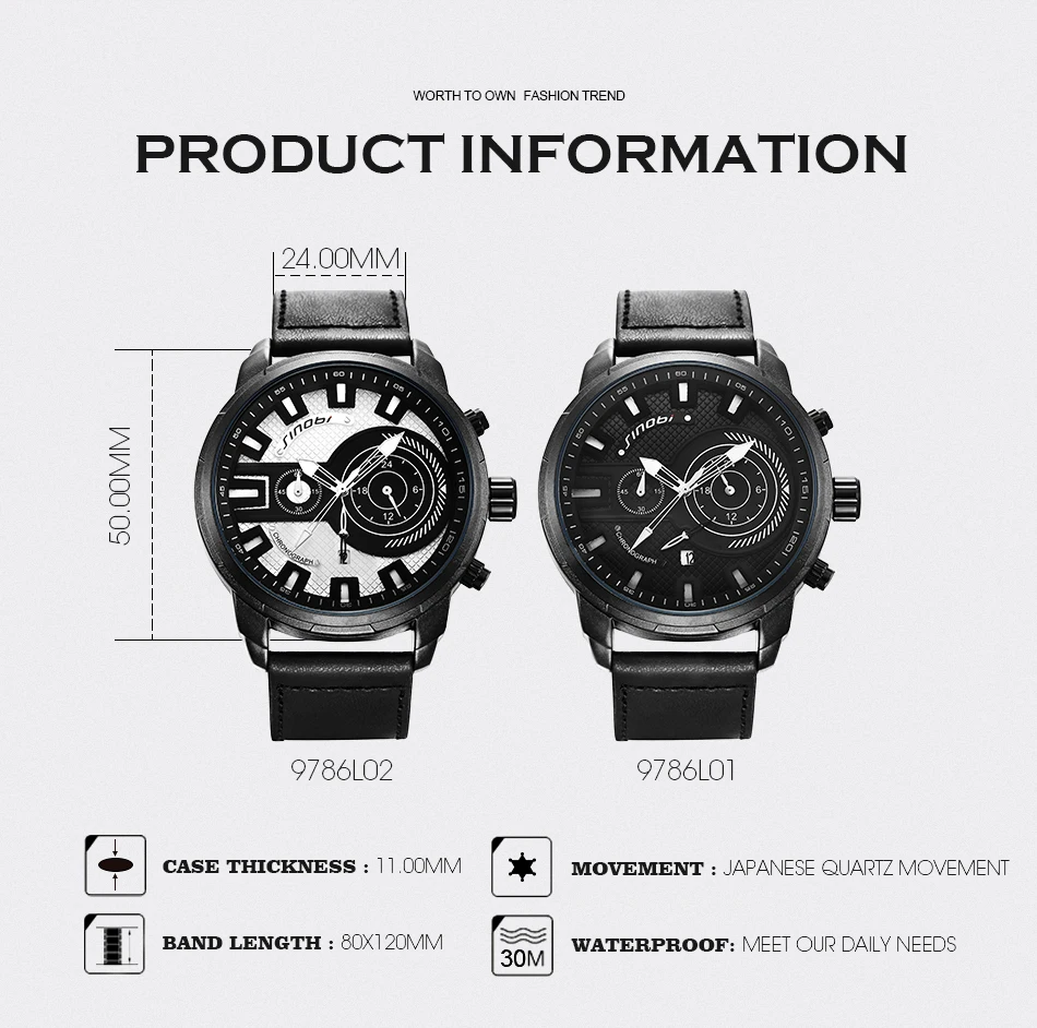 

SINOBI Mens Watches Top Brand Luxury Waterproof Luminous Japanese Quartz Wristwatch Man Fashion Leather Sports Watch Men Clock