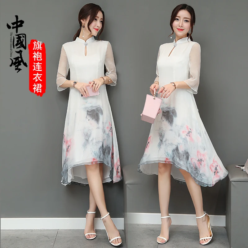 Ретро Китайский Стиль печати Cheongsam 2018 новый летний dressthree квартал рукава