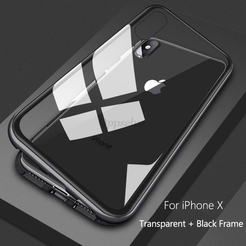 Магнитный адсорбционный Роскошный чехол для iPhone X Xs Max Xr 8 7 6 s больше поглощения закаленное стекло металлическое покрытие стеклянная откидная крышка - Цвет: Transparent Black