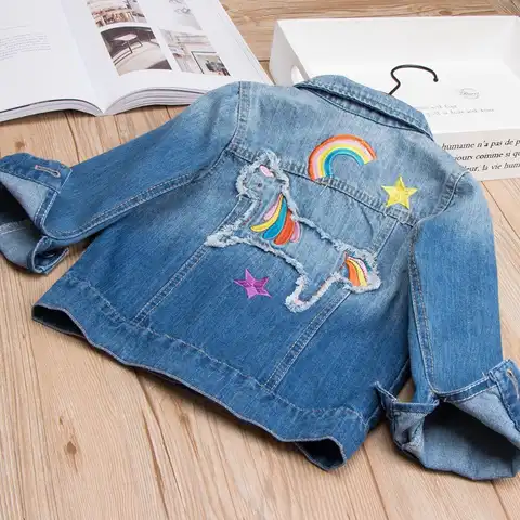 Демисезонная джинсовая куртка для девочек, детская джинсовая куртка с радужной вышивкой единорога, детская джинсовая куртка для девочек