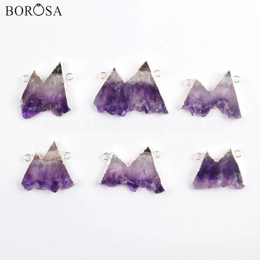 BOROSA 5PCS Silver Color Natural Style Amethysts Slice Connectors Crystal Druzy Double Charms for Necklace as Gifts WX1069 | Украшения и