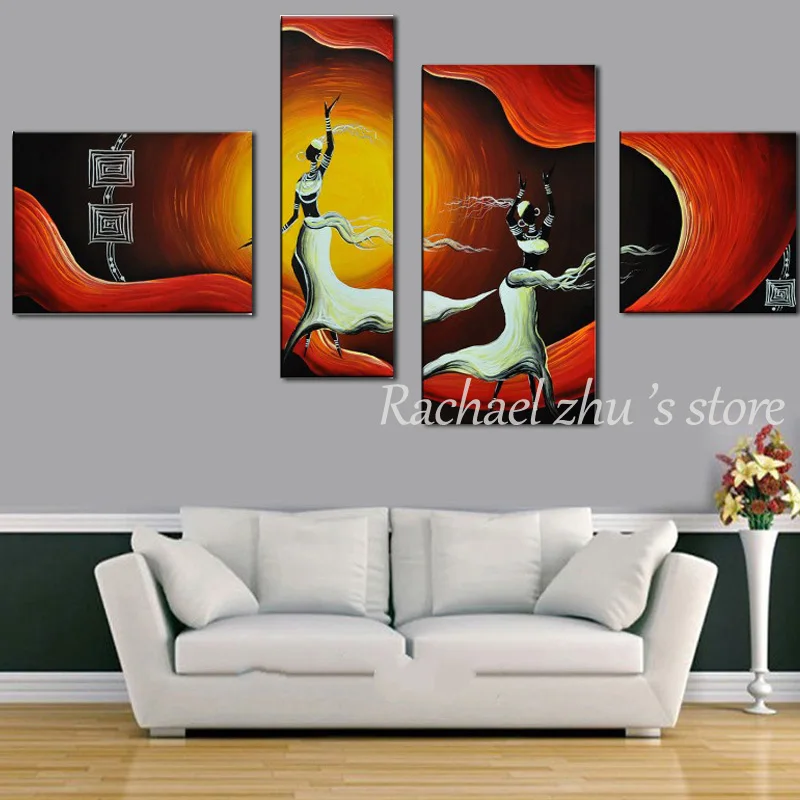 

Hand Painted Abstract 4 Panles African Woman Dancing Oil Painting On Canvas Abstract Figure Wall Pictures Living Room Home Decor