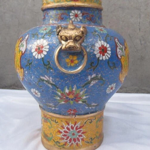 Xd 001677 Китай Regius чистая Бронзовый Gild перегородчатые Foo Dog Лев Дракон зверь Зун Ваза