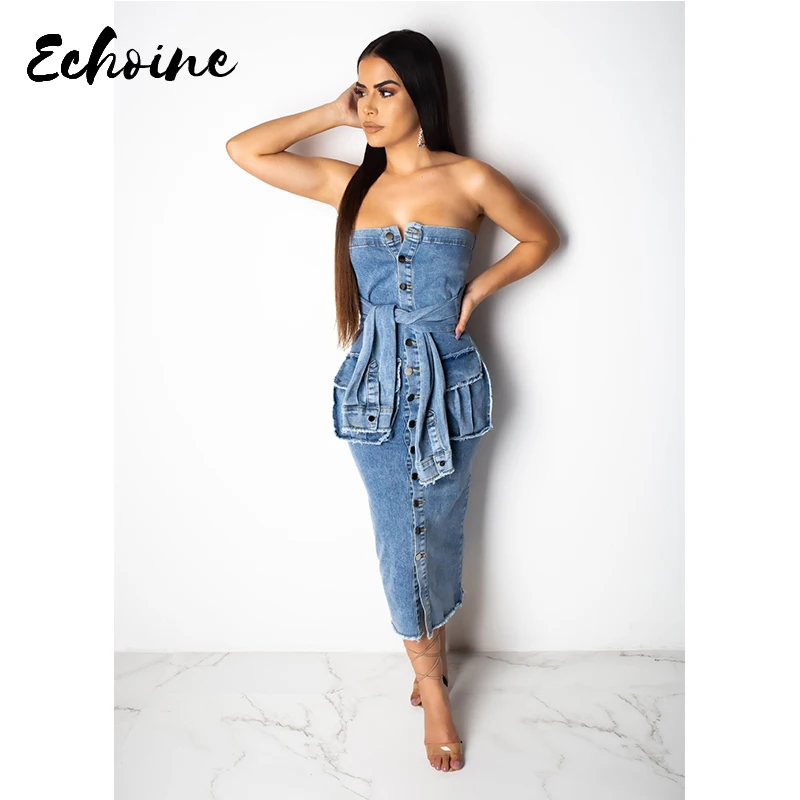 Женское джинсовое платье миди без бретелек на пуговицах спереди|Женские платья| |