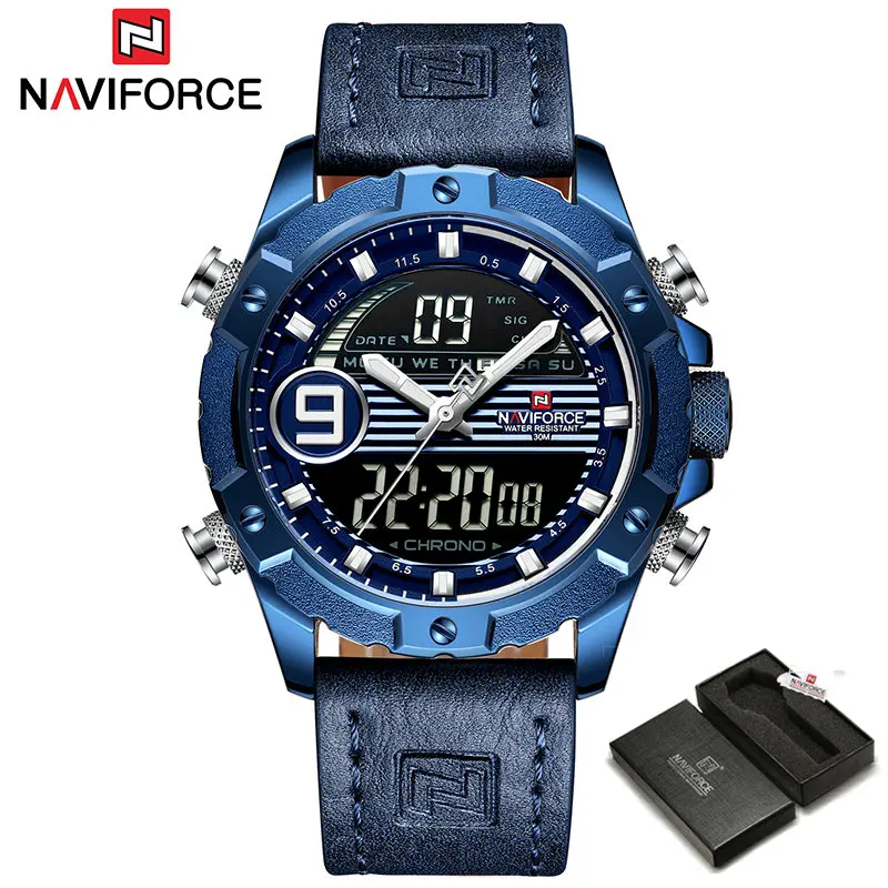 Blue -Box NAVIFORCE Топ Брендовые Часы мужские модные кварцевые часы светодиодный цифровой спортивные часы мужские кожаные водонепроницаемые часы Relogio Masculino - Color: Blue -Box