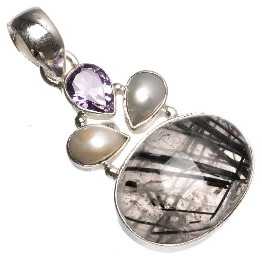 Natural Tourmalinated Quartz River Pearl and Amethyst 925 Sterling Silver Pendant 1 1/2&quot T0030 | Украшения и аксессуары