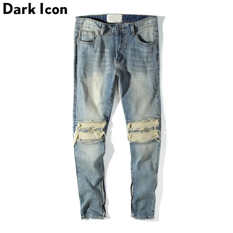 Dark Icon Pleated Knee Regular Hip Hop Jeans Men 2019 High Street Motorcycle Ankle Length Men's Jeans Denim Pants Full Length