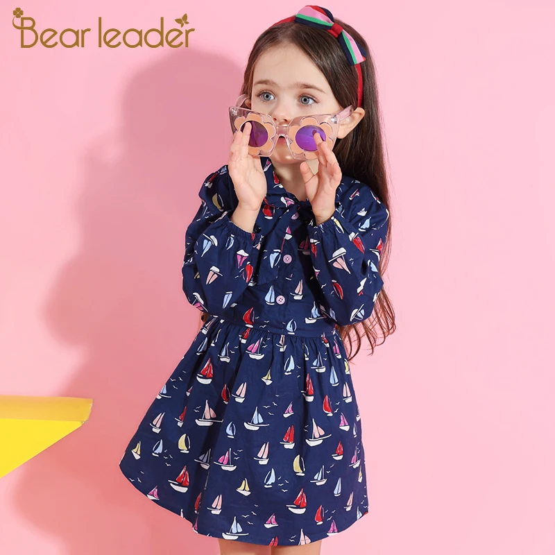 Bear leader/платье для девочек новые весенние Вечерние Платья повседневные Детские платья с оборками трапециевидная полосатая одежда с длинными рукавами для детей от 3 до 7 лет