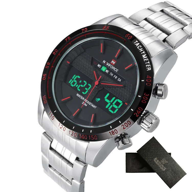 silver red NAVIFORCE, повседневные часы для мужчин, спортивные, светодиодный, цифровые часы, водонепроницаемые, кварцевые часы для мужчин, люксовый бренд, стальной ремешок, relogio masculino, часы - Цвет: silver red