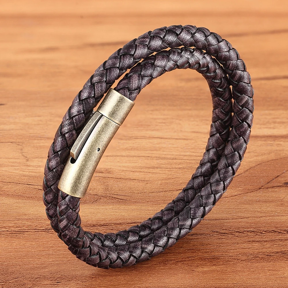 TYO Vintage Stainless Steel Easy-hook Clasp Taupe Brown Wrap Bracelets for Women Authentic Leather Pulseira Masculina 19/21/23CM | Украшения