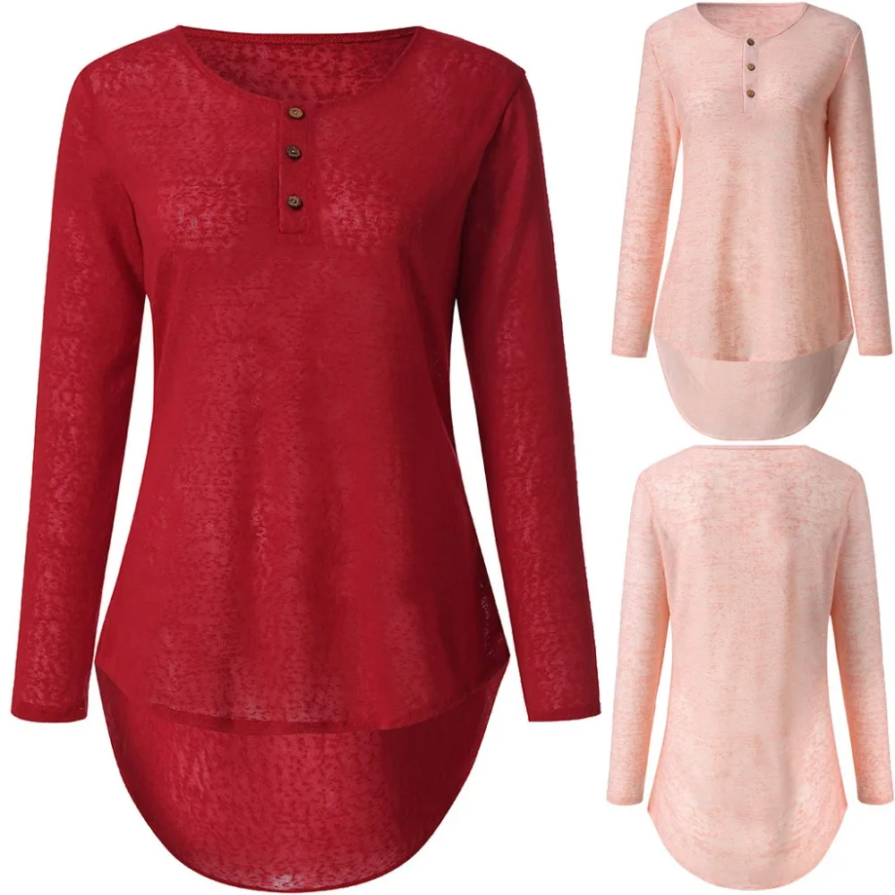 Hot Sale Women Spring Autumn Casual Design Buttons Long Sleeve T-Shirt New Fashion Solid O-neck Pullover Top Pink Female T-shirt | Женская
