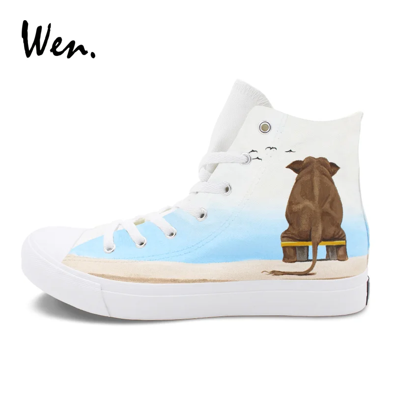 Wen Hand Painted Original Shoes Design Elephant Sitting on the Bench High Top Canvas Sneakers Female Skateboarding Male | Спорт и