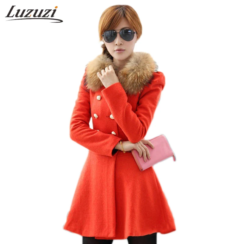 Зимнее женское шерстяное пальто для девочек с меховым воротником двубортное