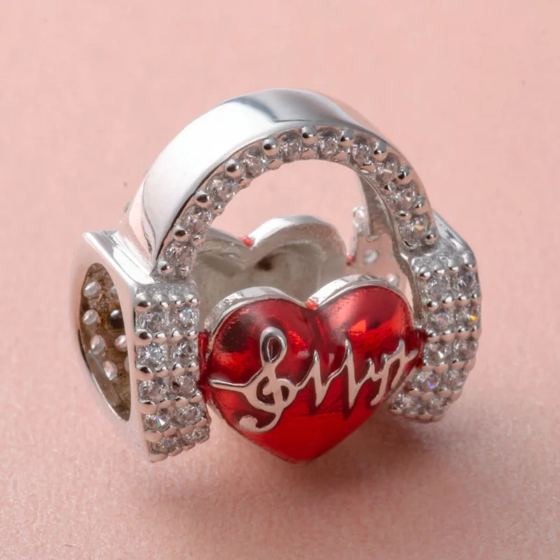 Sambaah Love Music Heartbeats Charm with CZ Stone 925 Sterling Silver Headphone Beads Fit Original Musical Note Bracelet | Украшения и