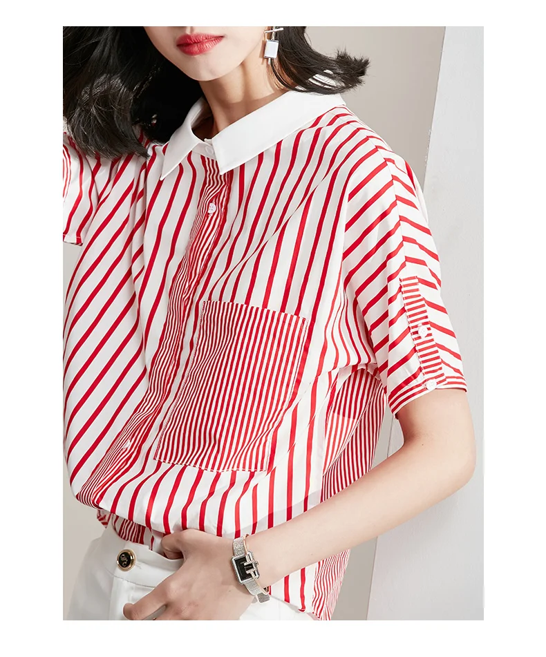 Vimly Women Striped Blouse Shirt Casual Summer Red Blouse Shirts Cotton Office Tops Street Wear High Street Style Button Pocket