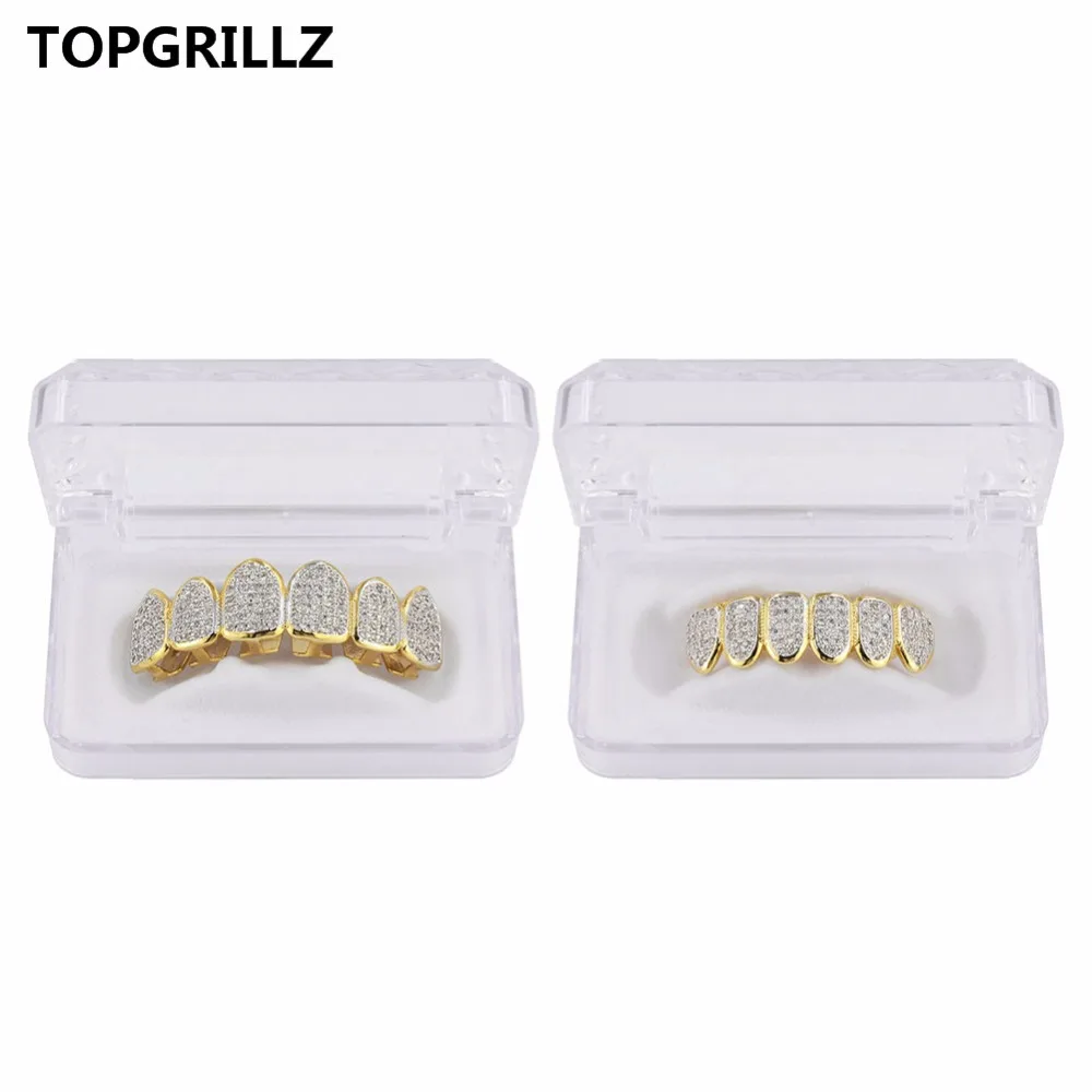 

TOPGRILLZ Hip Hop Gold Color Plated Teeth Grillz Caps CZ Micro Pave Exclusive Luxury Top&Bottom Gold Grillz Set Ship From US