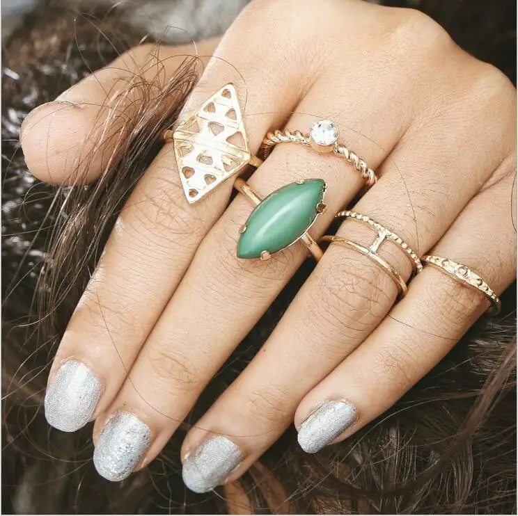 Винтаж большой камень Midi Ring Set для Для женщин Boho старинное серебро Цвет сердце