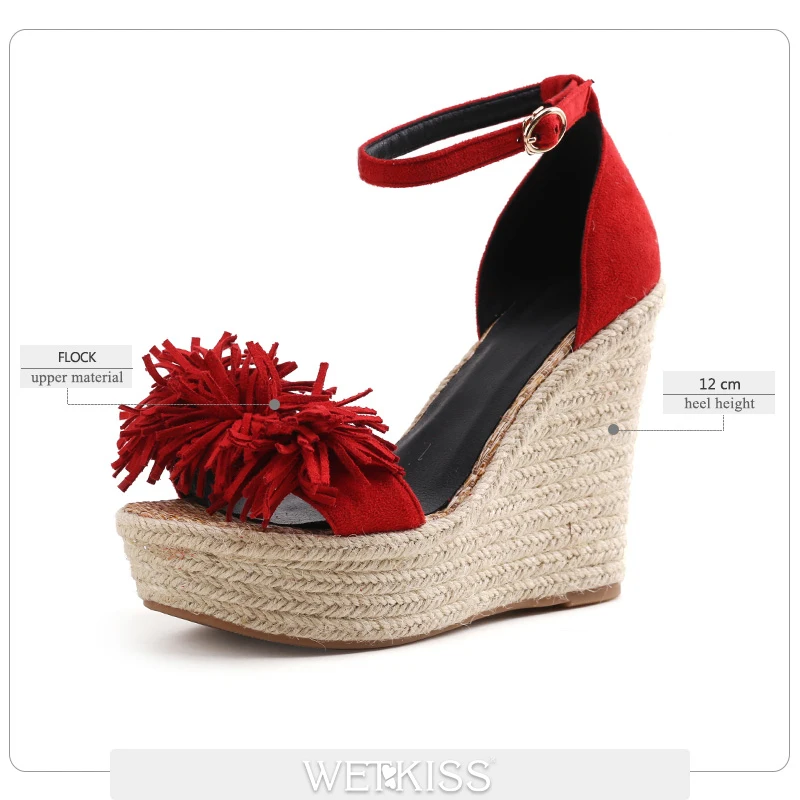 WETKISS 2019 New High Heels Women Sandals Open Toe Wedges Tassel Platform Footwear Straw Weave Fashion Ankle Strap Ladies Shoes | Обувь