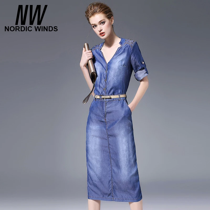 Северные ветры джинсовое платье-миди джинсы 2017 новые женские ковбойские с