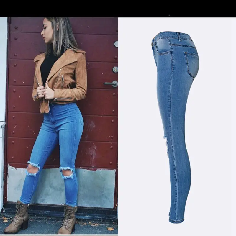 PADAUNGY отверстие Джеггинсы Высокая Талия Джинсы для женщин рваные Pantalon Taille Haute Femme