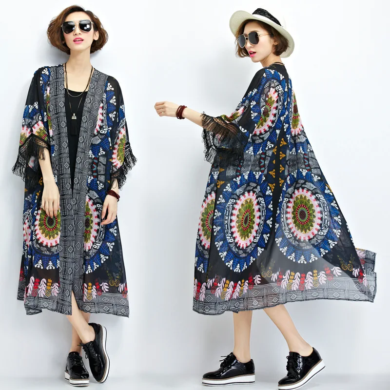 

Johnature Spring Summer Prevented Bask Long Women Trench Bohemia Print Tassel Loose Half Sleeve Korean Coats 2021 New