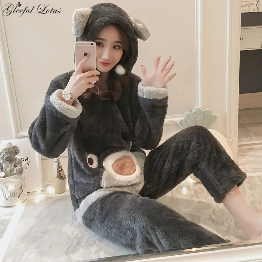 Пижама женская зимняя пижама набор кигуруми Kawaii Ночной костюм флисовая одежда