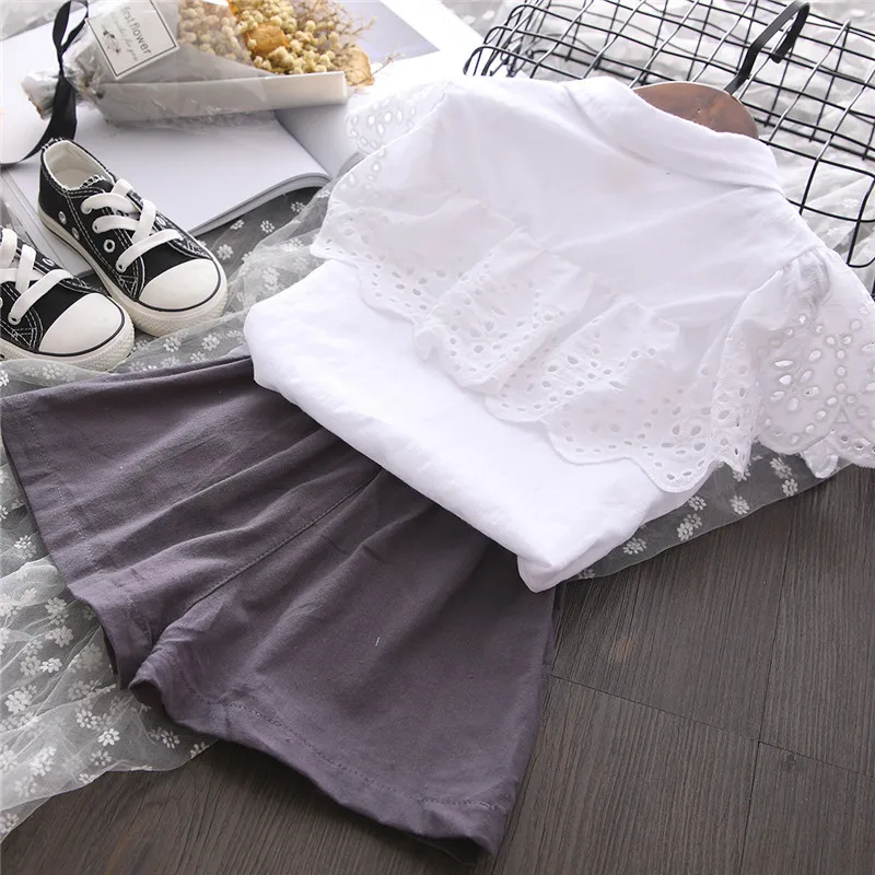 

Children Girl Summer Clothing Set White Lace Shirts+bow belt Shorts,Girls Kids 2pcs Fashion Clothes Suits Wholesale
