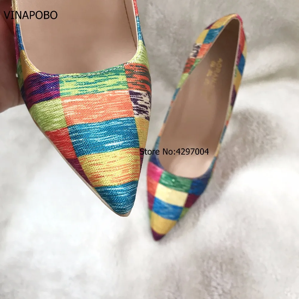 VINAPOBO Stiletto High Heels Women Pumps Colorful Plaid Striped Pointed Toe Shallow Footwear Autumn Party Ladies Shoes SIZE 43 | Обувь