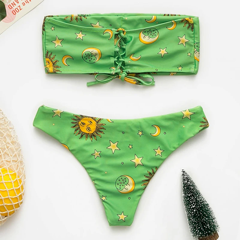 Женский купальный костюм бикини бандо большого размера 2019 на шнуровке с принтом