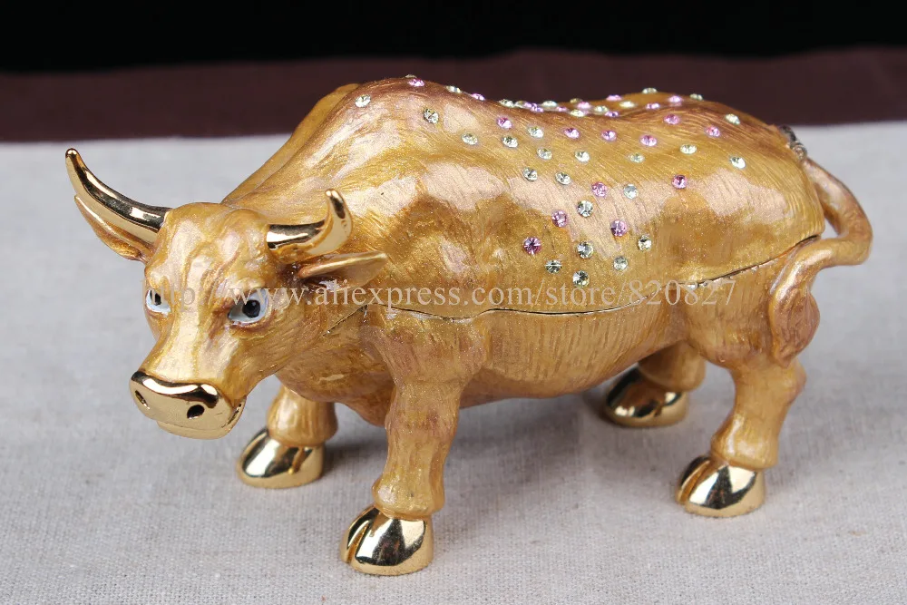 FengShui Full Crystal Design Wall Street Cow Statue Trinket Box Cow animal bejeweled trinket jewelry box figurine  ring holder