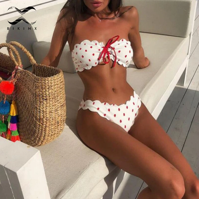 Bikinx белый купальник в горошек с рюшами сексуальный для женщин 2018 бандо на
