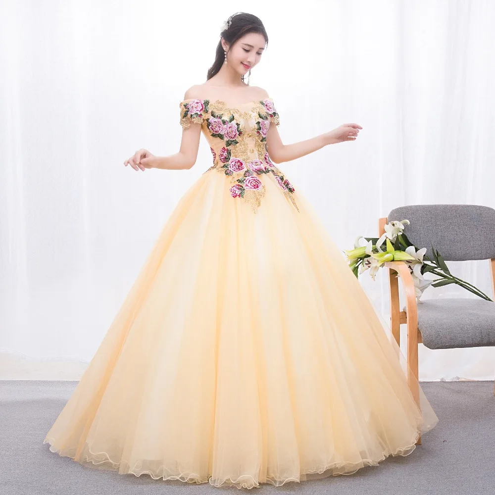 Ruthshen с открытыми плечами платья Quinceanera желтого цвета аппликацией бисером Пышное