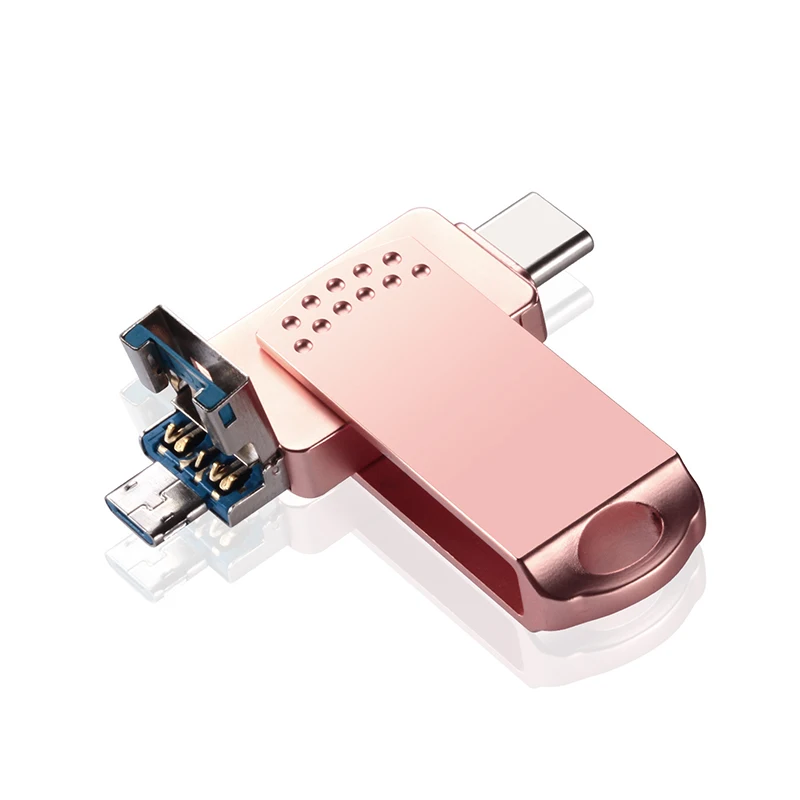 Rose Gold Металлический флеш-накопитель 3 в 1, 64 ГБ, флеш-накопитель 3,0 типа C, OTG 32 ГБ, 16 ГБ, 64 ГБ, 128 ГБ, Micro USB C 3,0, для телефона Android, u-диск для ПК - Цвет: Rose Gold