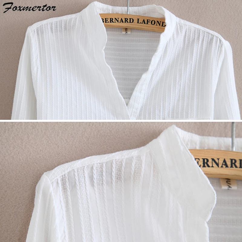 Блузка Foxmertor Женская с длинным рукавом 100% хлопок однотонная белая рубашка