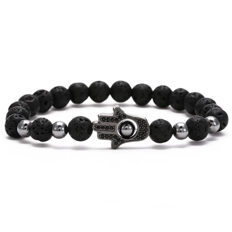 Браслет Рука Фатимы с кубическим цирконием подвеска Хамса браслет Mala Black Lava Stone