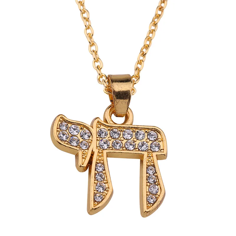 antique gold Dawapara ожерелье с кулоном в виде еврейской чаи, античное серебро/золото, религиозное ювелирное изделие из натурального талисмана, амулет, стразы - Окраска металла: antique gold