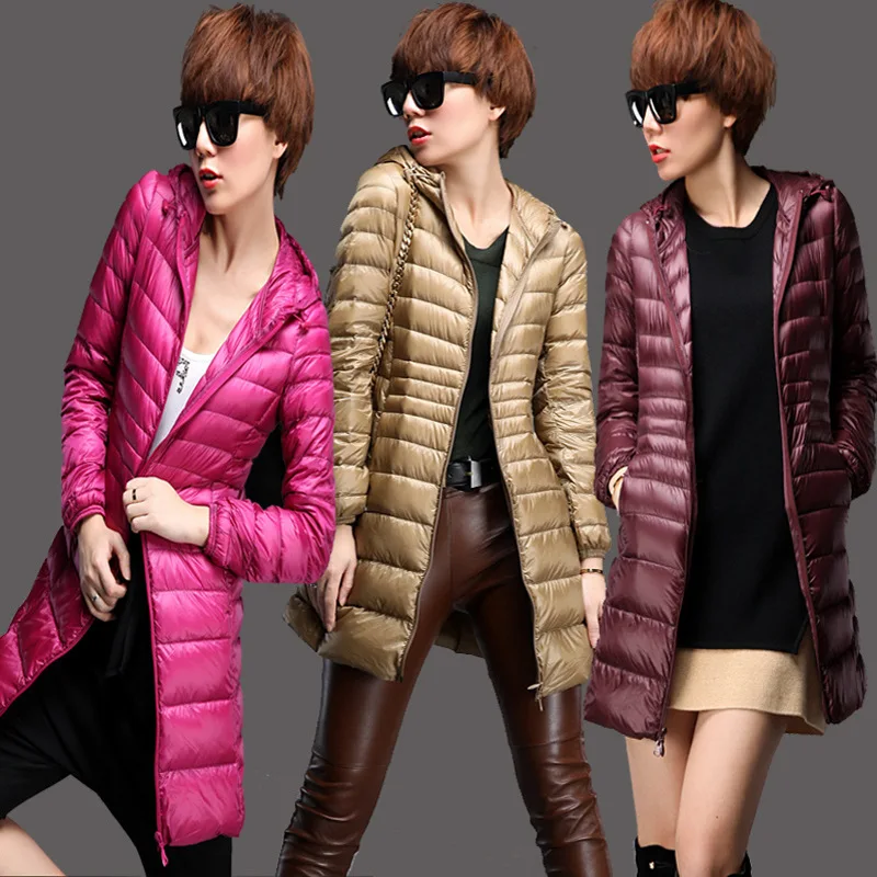 Женский пуховик на 90% белом утином пуху ультралегкий с капюшоном теплое длинное