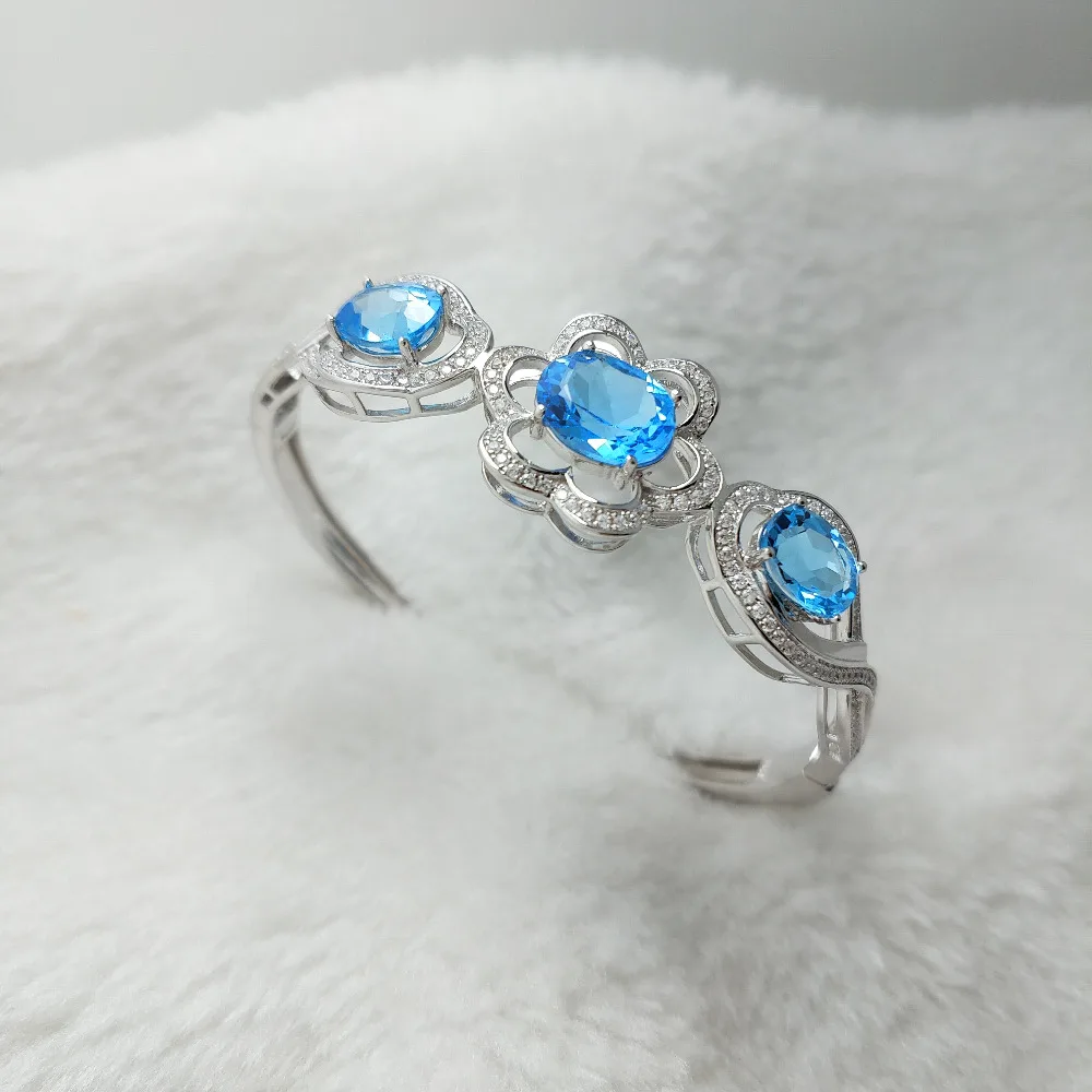 FLZB Big Flower Design 925 Sterling Silver Bangle 18k White Gold Plated with Good Color Natural Blue Topaz 12.8ct Women gift | Украшения и