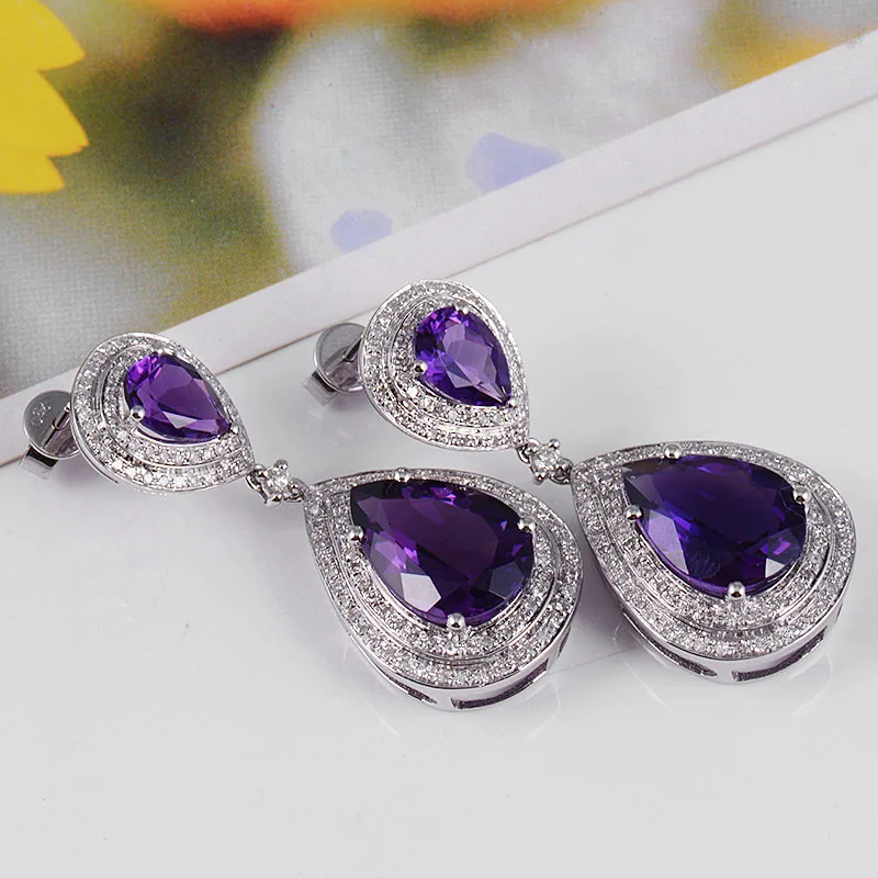 Серьги Подвески 14 карат из белого золота серьги с натуральным бриллиантом и