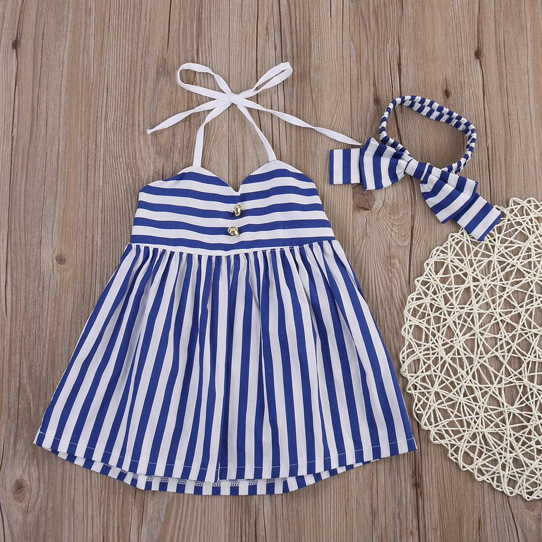 Детское платье в синюю и белую полоску с лямкой на шее|girl blue|kids baby girlkids |