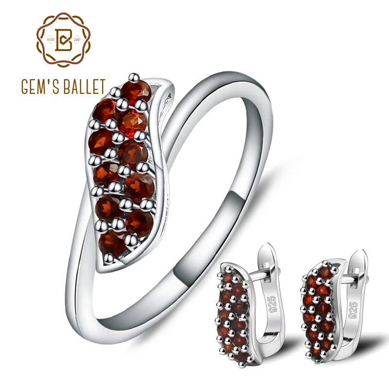 

GEM'S BALLET Natural Garnet Rings Clip Earrings Gemstone Jewelry Set 925 Sterling Silver Pomegranate Fine For Women Gift