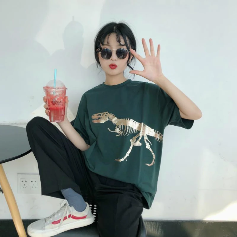 KYMAKUTU Harajuku Hipster лето с принтом динозавра женские футболки короткий рукав O