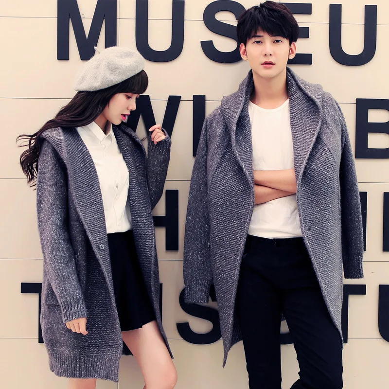 Men Women Long Sweater Coat Winter His-and-her Clothing Couple Knitted Cardigan Down Fashion Korean Warm Windbreaker Jacket |