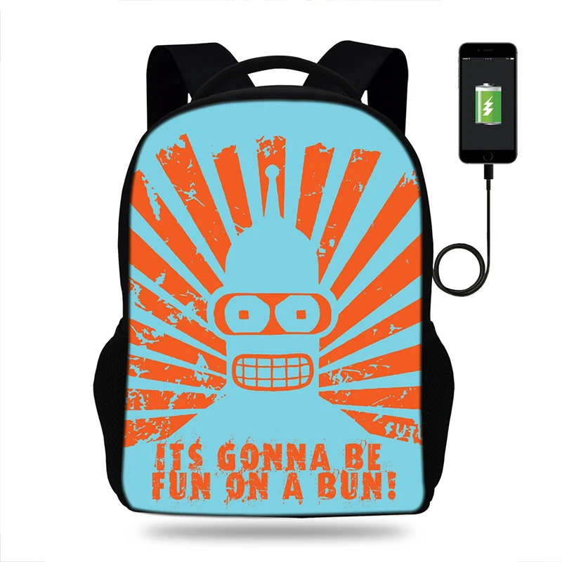 Студенческий школьный рюкзак аниме Futurama USB зарядка ноутбук для подростка большой