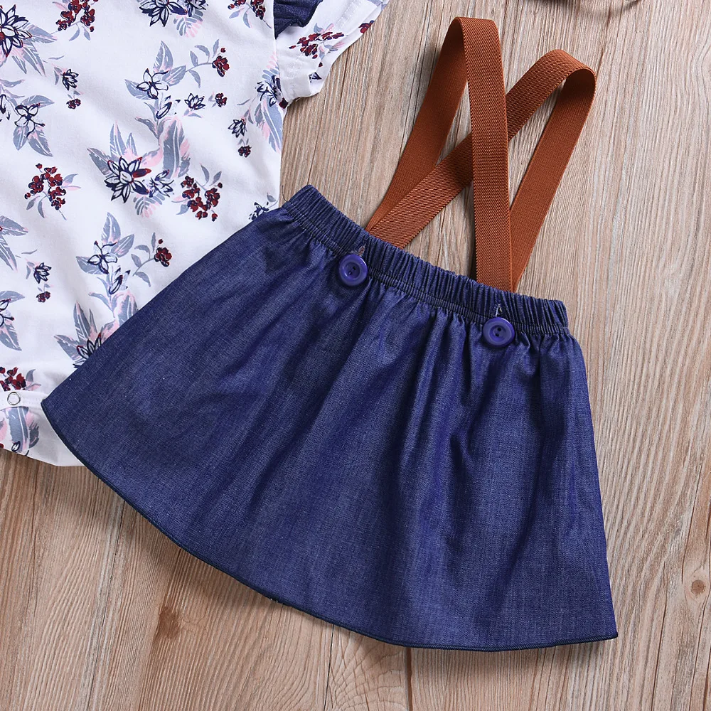 2pcs Baby Girls Floral Suspenders Skirt Set Short Sleeve Ruffled T-Shirt + Mini Braces Overalls | Детская одежда и обувь