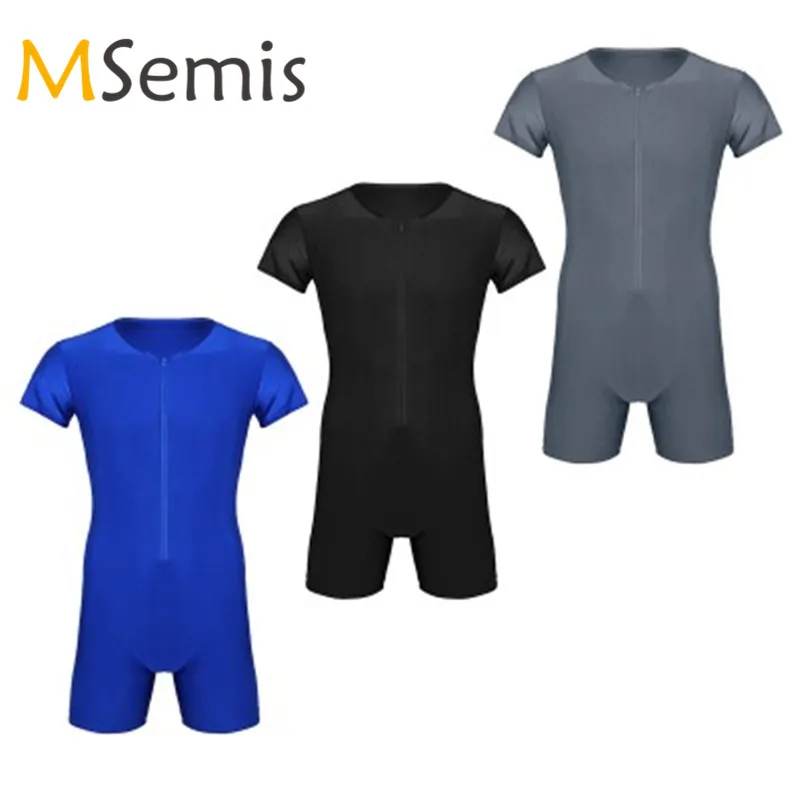 MSemis мужское облегающее трико для борьбы, боди, бодичулок, балетная Одежда для танцев, Цельный Мягкий комбинезон с коротким рукавом на молнии