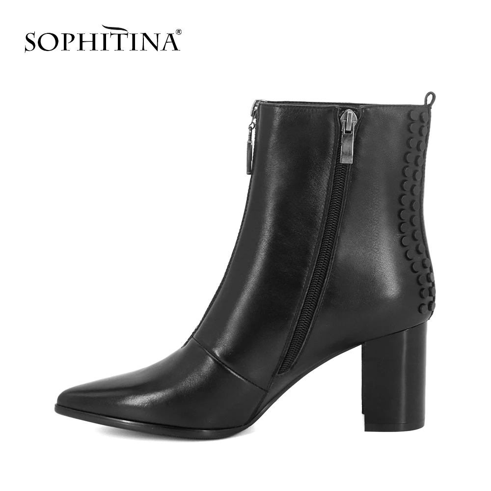 SOPHITINA/ Ботильоны женские демисезонные. Ботинки высококачественные из натуральной кожи с молниями и фурнитурами. Обувь теплая повседневная с острым носком на высоком квадратном каблуке. Стильная обувь для женщин.B90